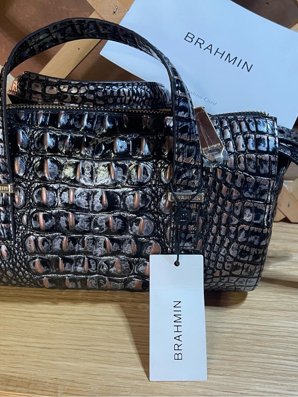 NWT  “Brahmin” Claire Metallic Dusk Melbourne Croc- Embossed Leather Barrel Bag